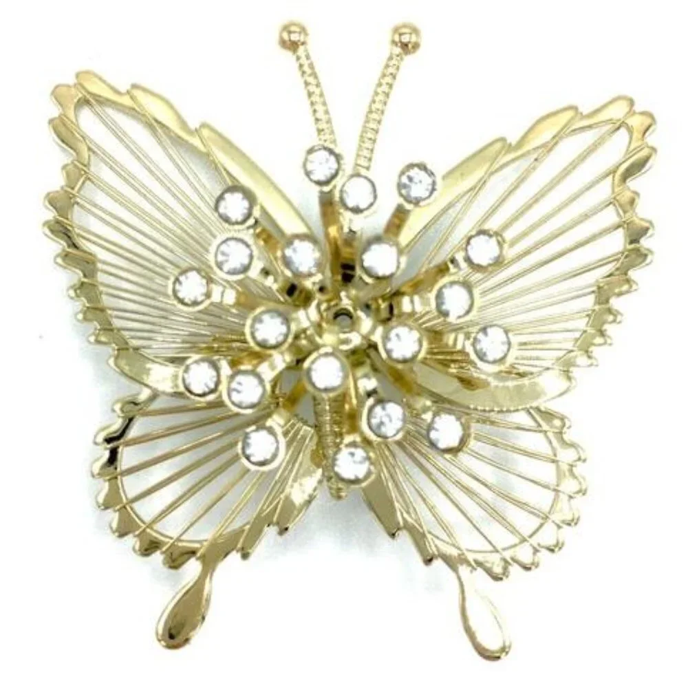 Vintage Gold-Tone Butterfly Brooch with Clear Rhinestones – Elegant Filigree Pin